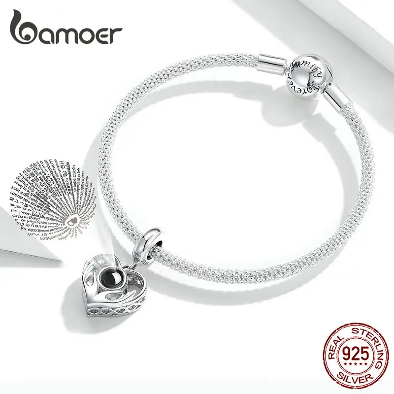 Bamoer 100 язык I Love You сердце Подвеска Шарм для браслета или ожерелья 925 пробы Серебряные Ювелирные изделия Подарки для девочек SCC1307