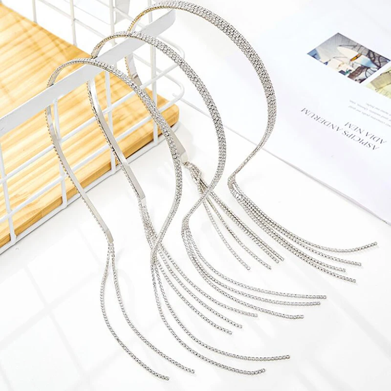 

2021 Rhinestone Hairbands For Women Long Tassel Bow Bands Korean Designer Headband Wedding Hair Band Accessories Gifts
