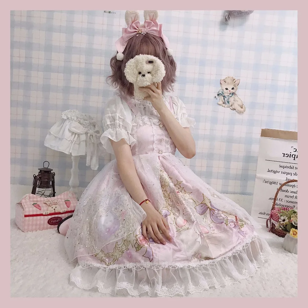 Kawaii/платье в японском стиле «Лолита»; мягкое милое красивое платье на бретелях для девочек; Сетчатое летнее платье