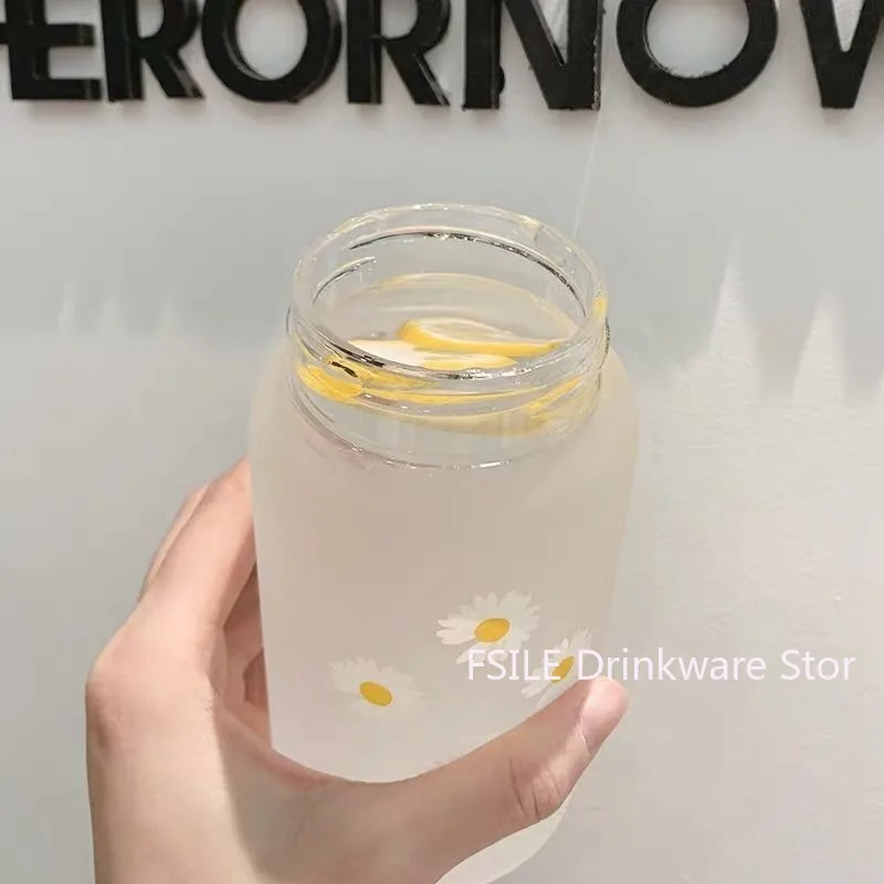 

FSILE Daisy Frosted Plastic Water Cup Korean Version Simple Small Fresh Forest Transparent Water Cup Student Portable Rope Cup