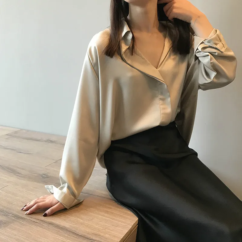 

Spring Satin Blouse Female Long Sleeve Shirt Loose Solid Thin Ladies Beige Blouses Vintage Casual Women Tops Girls Office Wear