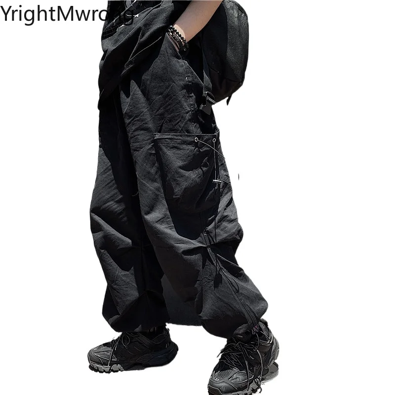 Строка Высокая талия брюки карго Брюки в стиле панк мешковатыми карманами
