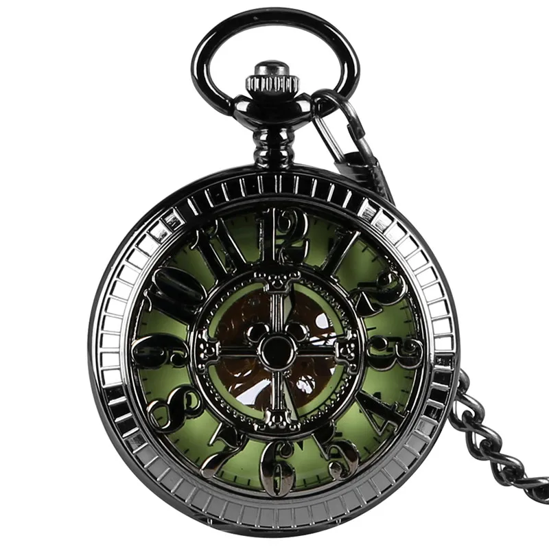 Steampunk Full Black Unisex Handwind Mechanical Pocket Watch Arabic Number Dial Manual Skeleton Clock Pendant Chain Collectable