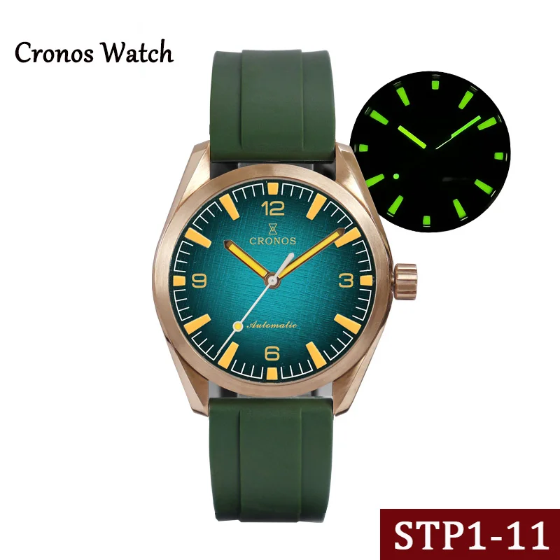 

Мужские часы-пилот Cronos 42 мм с зеленым циферблатом, бронзовый чехол, сапфировое стекло, STP 1-11, автоматическое перемещение, мужские светящиеся ...