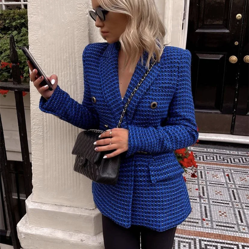 

Woman Elegant Navy Blue Slim Tweed Blazer 2021 Autumn Female French Solid Textured Blazers Ladies Chic Double Breasted Outwear