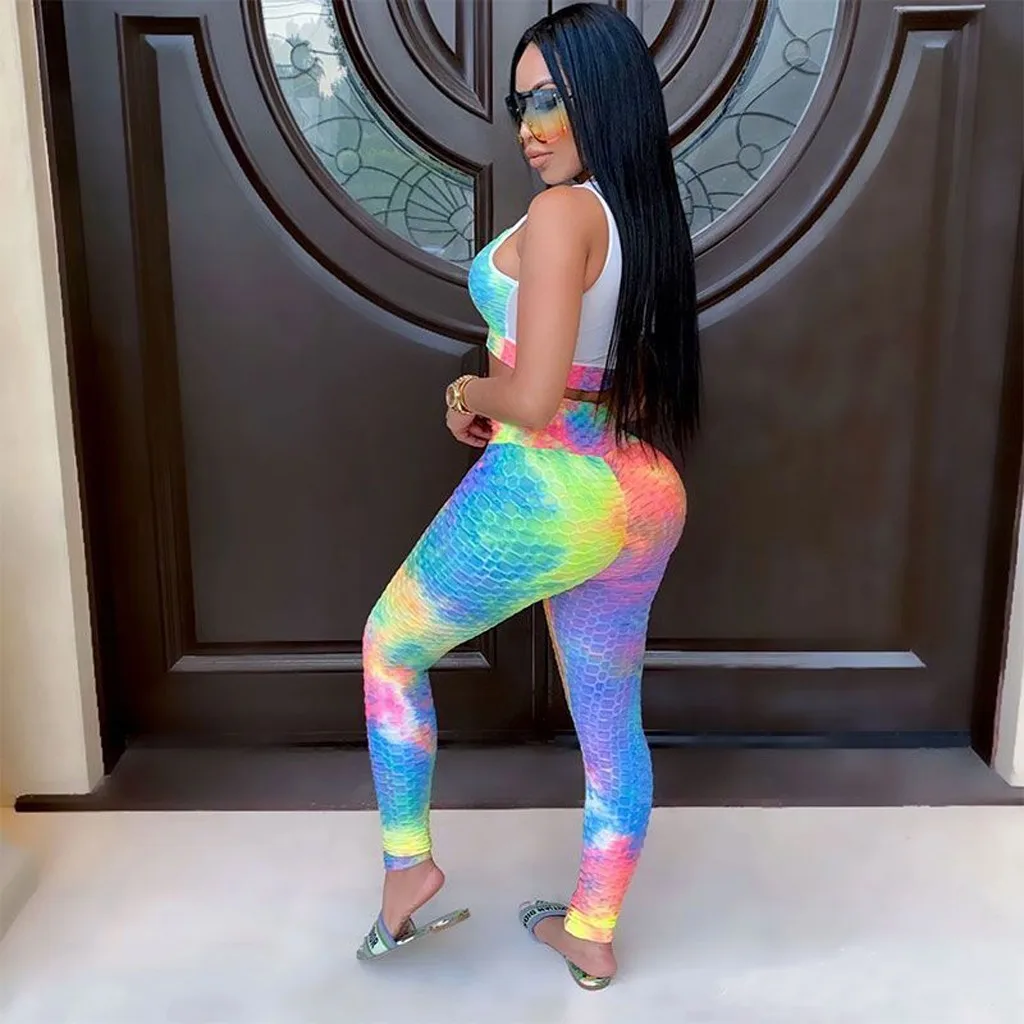 

2021 Fashion Style Womens Sleeveless Strappy Short Tie-dye Gradient Print Cami Belt Top And Pants High Quality 2