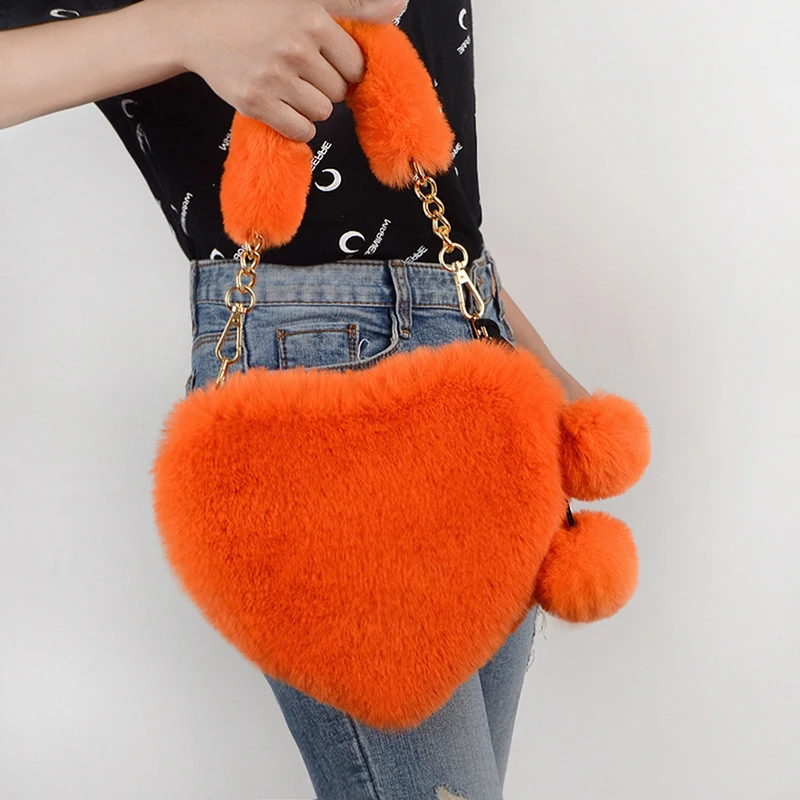 

Fashion Shopping Bag Ladies Kawaii Heart Shaped Handbags Faux Fur Women Totes 2021 New Shoulder Bags Female Solid Color Handbag
