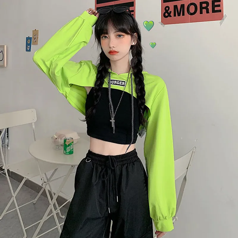 

gotico femenino ultra-short waistcoat with navel long sleeves two-piece Korean loose hip-hop high-waisted jazz hip-hop crop top