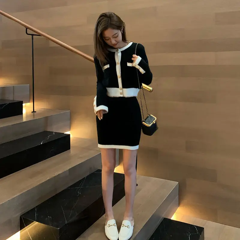 

Cardigan Sweater+Slim Mini Skirt Outfits 2020 Autumn Office Knit Two Piece Set Women Button Elegant Knitted Suits Female