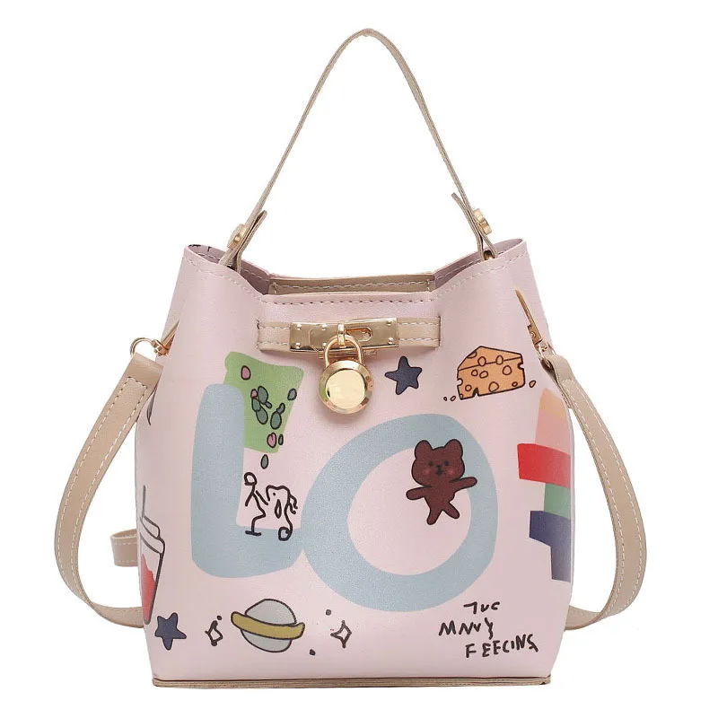 

Designer Small Tote Bag Anime Cute Side Handbag Korean Harajuku Crossbody Bag Fashion Graffiti Bucket Bags Leather Messenger Bag