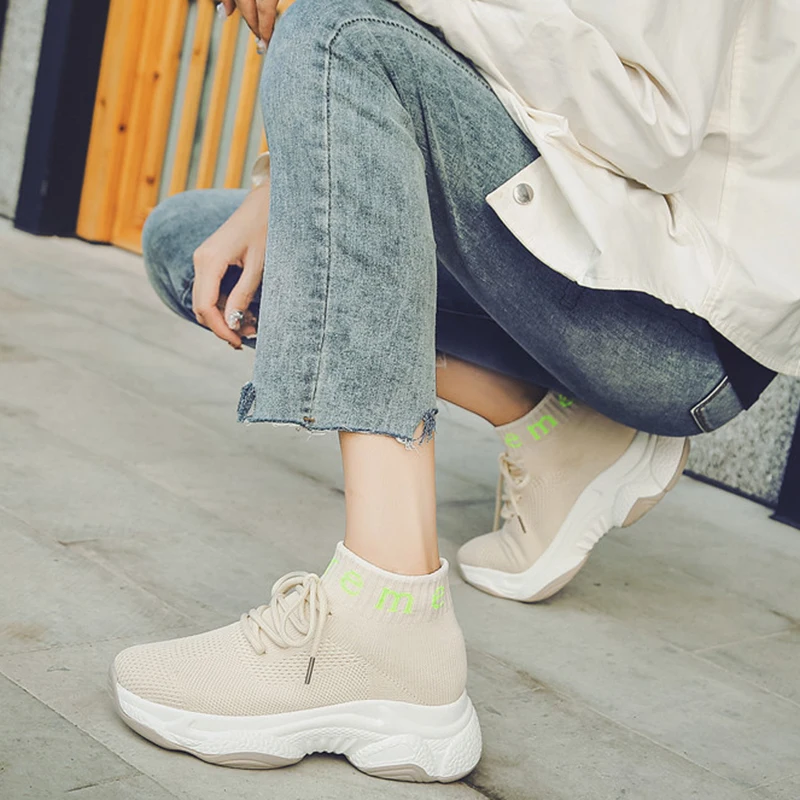 Rimocy Autumn Pink Sneakers Women 2019 New Knitting Lace Up Sock Shoes Woman Casual Walking Thick Bottom Zapatos De Mujer | Обувь