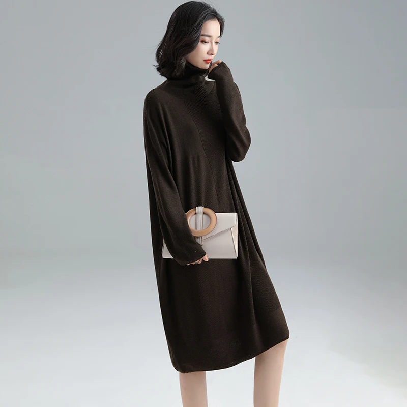 2020 New women knit sweater wool dresses turtleneck solid autumn winter cashmere dress | Женская одежда