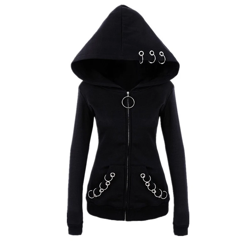 Черные женские зимние толстовки в стиле панк теплые большого размера с бархатом