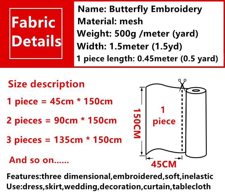 45cm*150cm/piece Butterfly Embroidery Mesh Cloth Clothing Skirt Wedding Decoration Curtain Spread Fabric DIY Handmade Materials |