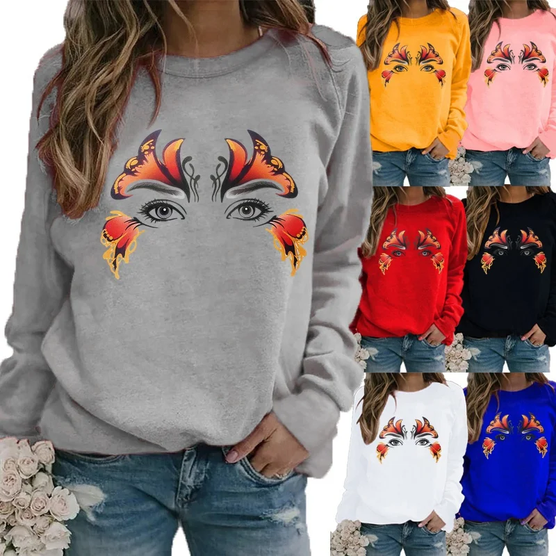 

Women Winter Clothing Round Neck Long Sleeve Pullover Top Fashion Half Face Mask Printing Graphic Loose Shirt Casual T-shirt