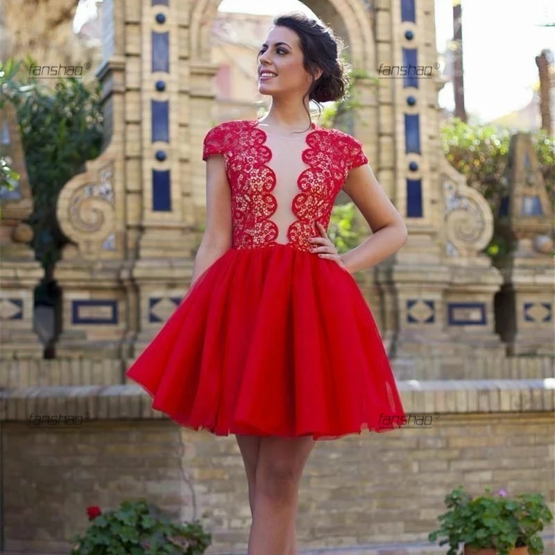 

Fanshao Cocktail Dress No Bra Red O Neck Cut-Out Back Short Sleeve Vestidos Lace Illusion Formal Occasion Robe De Soiree