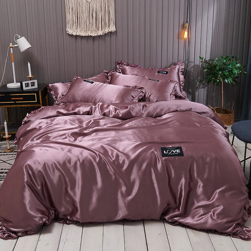 Pure Satin Silk Bedding Set Lace Luxury Duvet Cover Set Single Double Queen King Size 240x220 Couple Quilt Covers White Gray Red