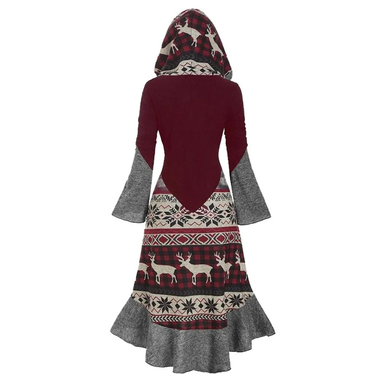 

Digital Printed Cotton Dress with Long Sleeves and Decorative Buttons In Contrasting Colors with A Hooded Lotus Leaf for Ladies