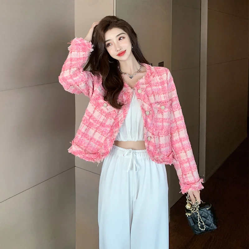 

Pink Coat Women 2021 Autumn Retro Small round Neck Short Top Fashion Rac