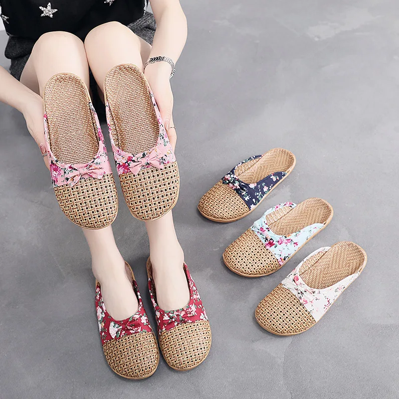 

2021 Summer Floral Bow Cane Linen Anti-Slip Flat Home Slipper Indoor Home Cozy Scuffs Women Men Slippers Non-Slip Floor Shoes