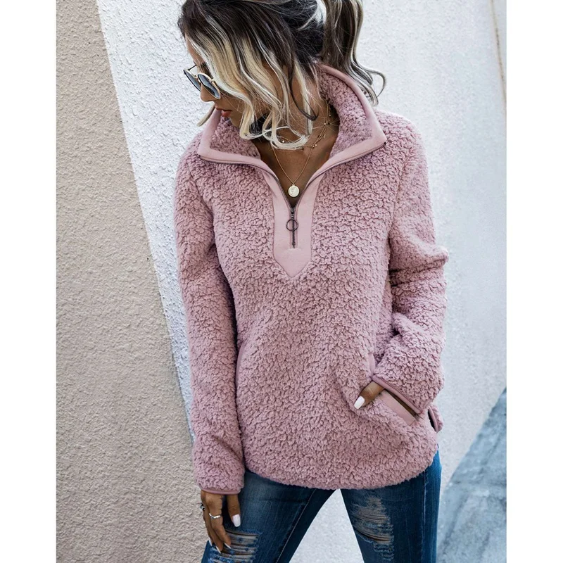2 Pcs Teddy Fleece Pullover Half Zipper Sherpa Tops Female Warm Coat Sweaters L Size Pink &amp M Camel | Женская одежда