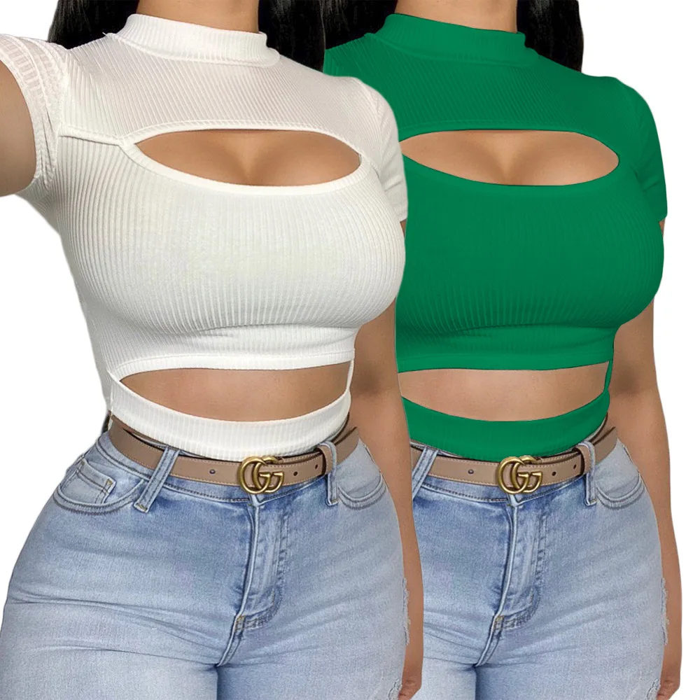 

Stretch Sexy Hollow Out Ribbed Tshirt Short Sleeve Skinny Black Short Crop Top Summer Bodycon Turtleneck T-shirt Top