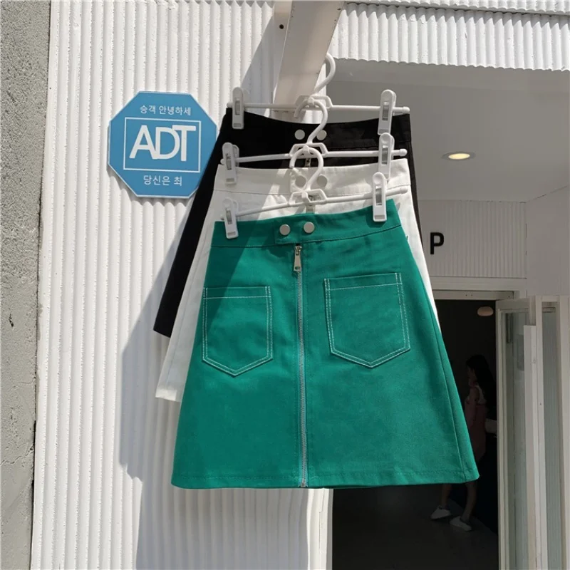 

Short Skirt Women New Korean Style High Waist All-match Fashion Front Zipper Denim A-line Skirt Women