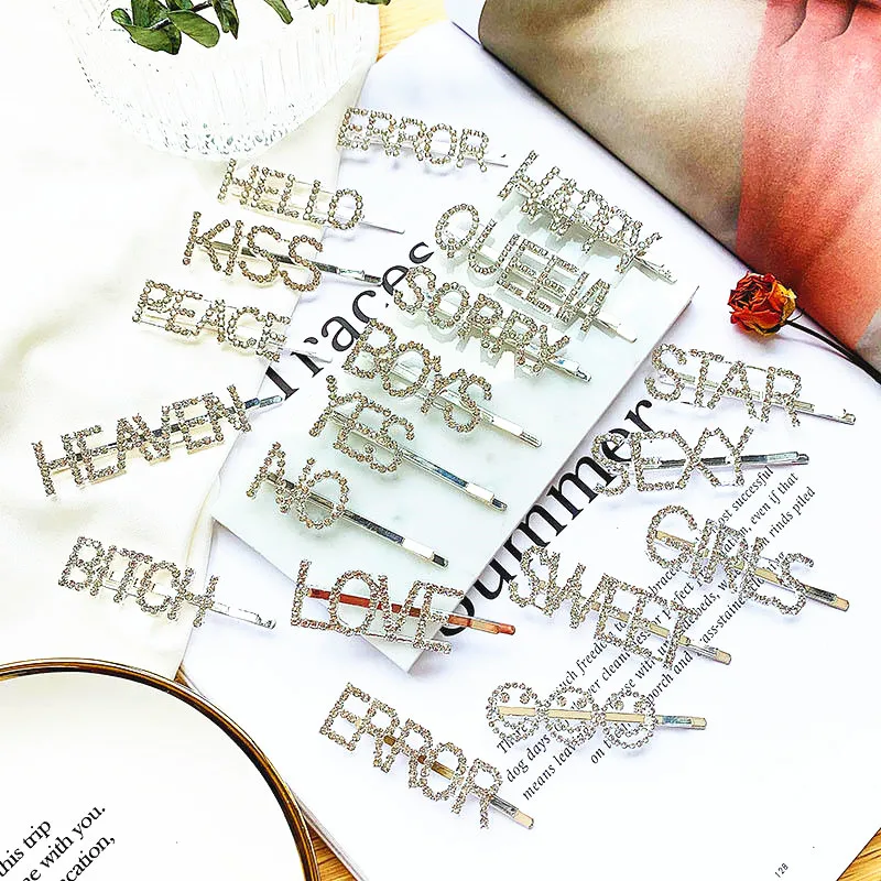 

Korean version of temperament rhinestone letter hairpin Silver studded word clip Fashion uppercase English letter clip