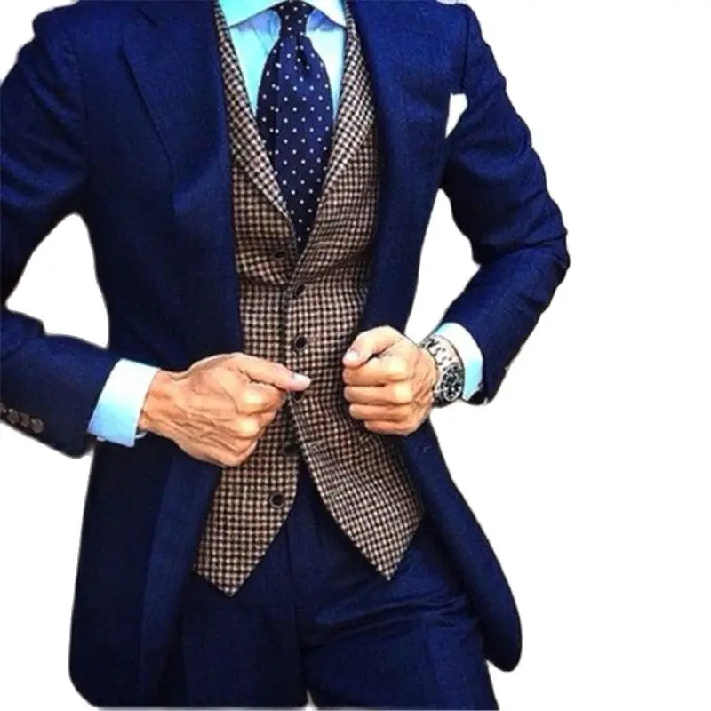 

Костюм мужской синего цвета под заказ, облегающий смокинг, пиджак и брюки для жениха на выпускной, одежда для вечеринки, мужской пиджак + брюки + клетчатый жилет, 3 шт.