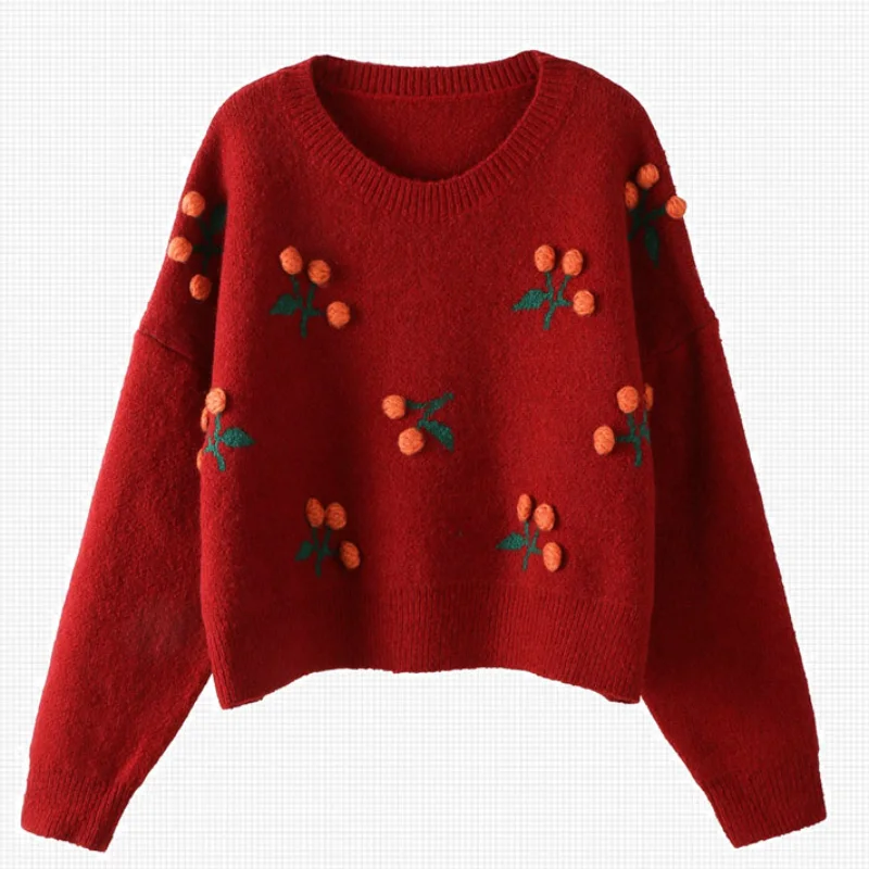 

Осень-зима 2021 Рождественский красный свитер женский трехмерный вишневый цвет в западном стиле ретро Свободный пуловер свитер
