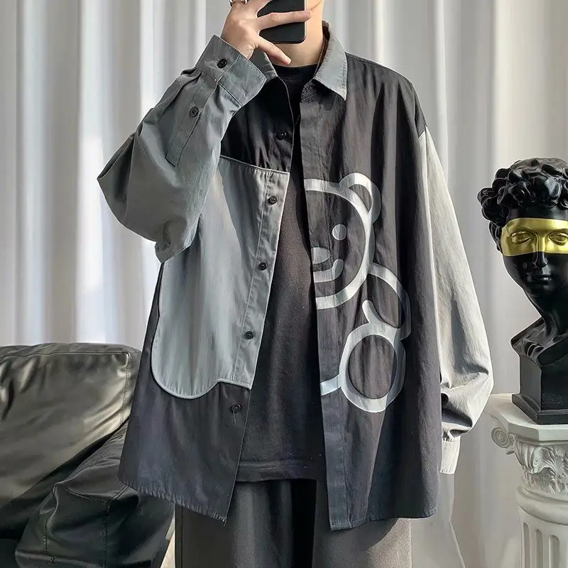 

Long Sleeve Shirt Men's Casual Loose Printed Cartoon Bear Stitching Design Coat Thin Spring Tide Fashion Male Tops Clothes