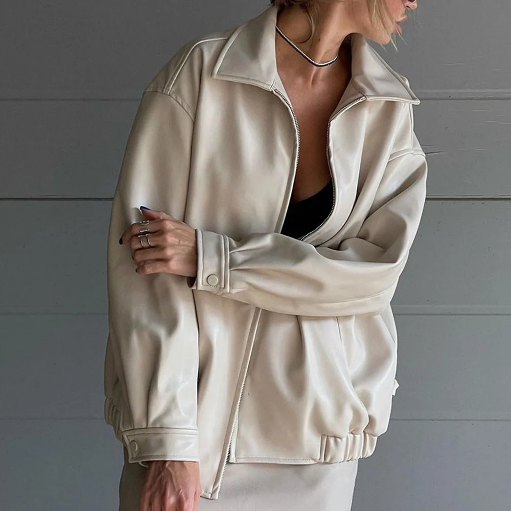 

PU Jacket Women Western Style 2021 Autumn Winter New Solid Color Fashion Lapel Zipper Long Sleeve Casual Simplicity Women Coat