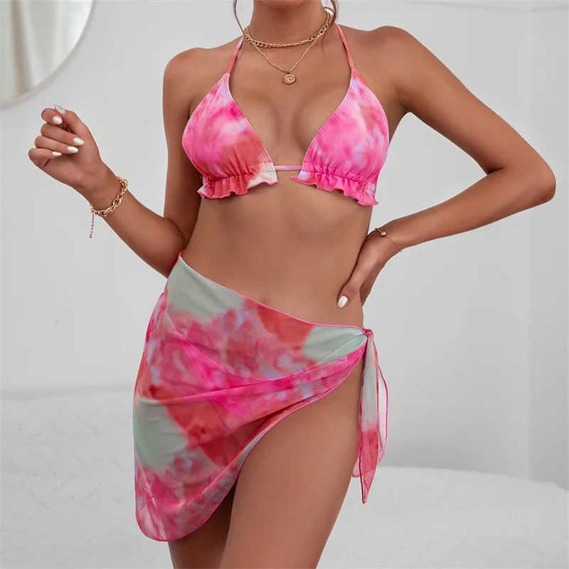 

Tie Dye Print Bikinis Folds Swimwear Sexy Push Up Bathing Suit Bandage 3 Piece Swimsuit Cover-ups 2022 Bikini Set Female Beach