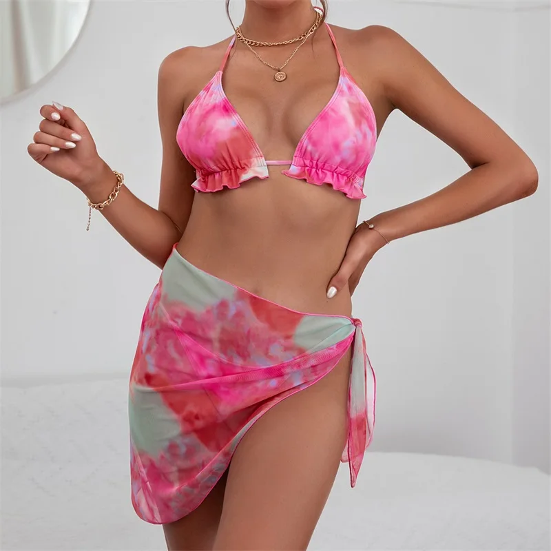 

Женское бикини с принтом Tie Dye, зеленое Сексуальное Женское бикини, купальник из 3 предметов, накидки 2022, женский пляжный комплект бикини