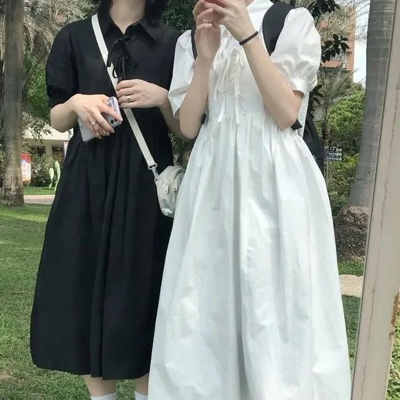 

Summer Dress 2021 Women College Style Short-sleeve Dress Street Cute Casual Loose Thin Vintage Dresses Harajuku White Midi Dress