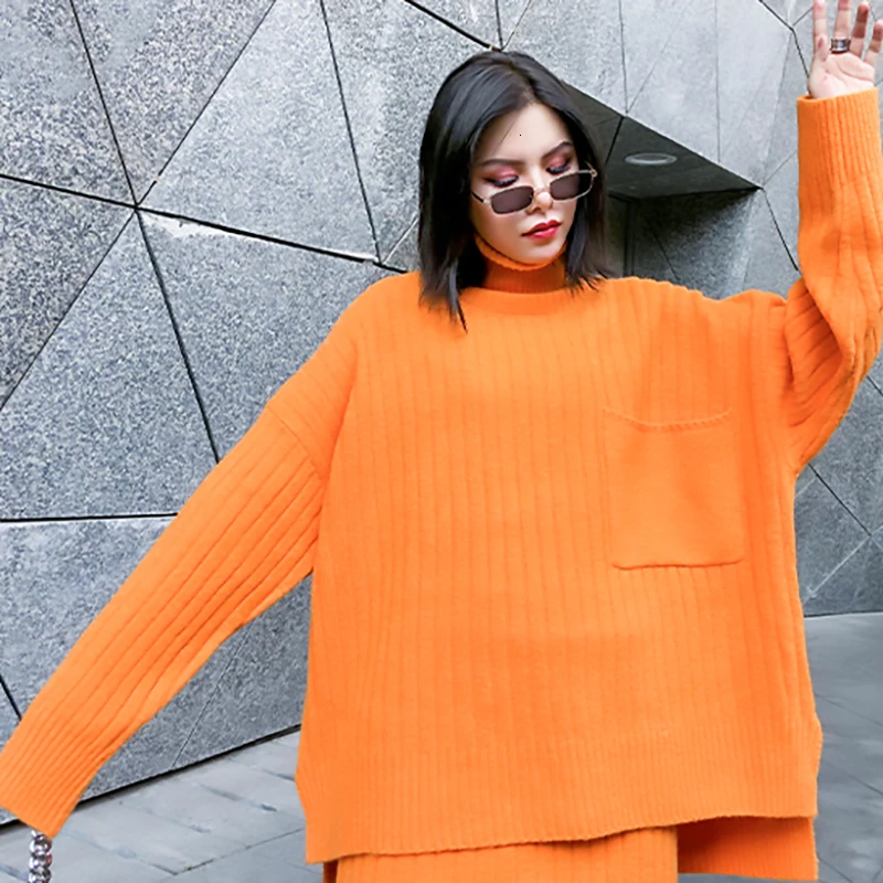 [EAM] Half-body Skirt Knittng Big Size Two Pieces Suit New Turtleneck Long Sleeve Loose Women Fashion Spring Autumn 1K341