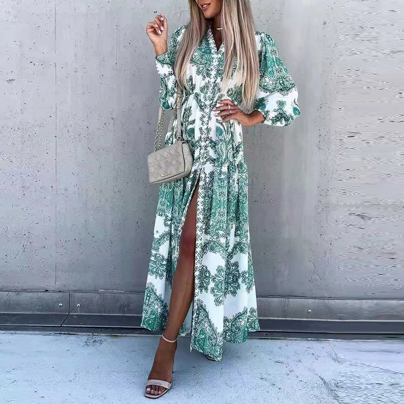 

Women Elegant Button Elastic Waist Long Party Dress Deep V Neck Printing Hem Dress Spring Summer Loose Slit Dress Vestidos