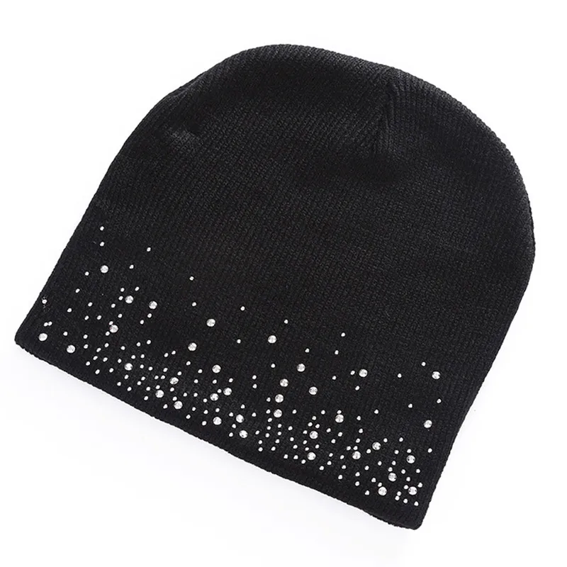 

Autumn Winter Women Hat Rhinestone Headwear Decoration Warm Beanie Slouchy Ski Skull Cap TC21