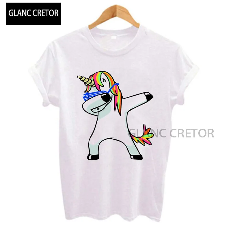 

2021 White casual Hip Hop tshirts Funny Unicorn Print Women t shirt Short Sleeve t-shirts O-Neck Tops