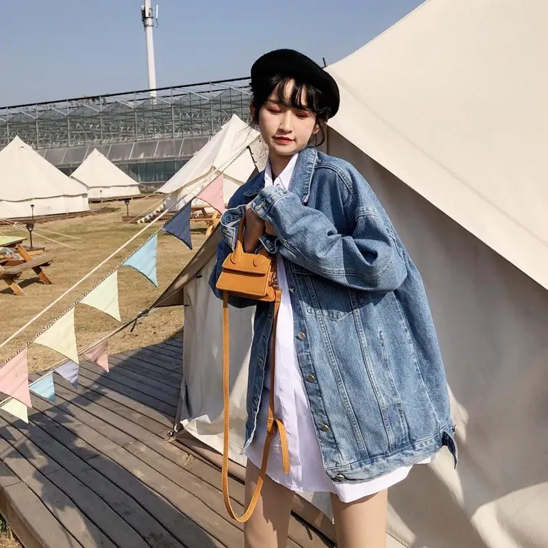 

Denim Jacket Female Spring And Autumn Loose Student Harajuku Casual All-Match Women's Coat Loose Pure Color Simple Top Gown