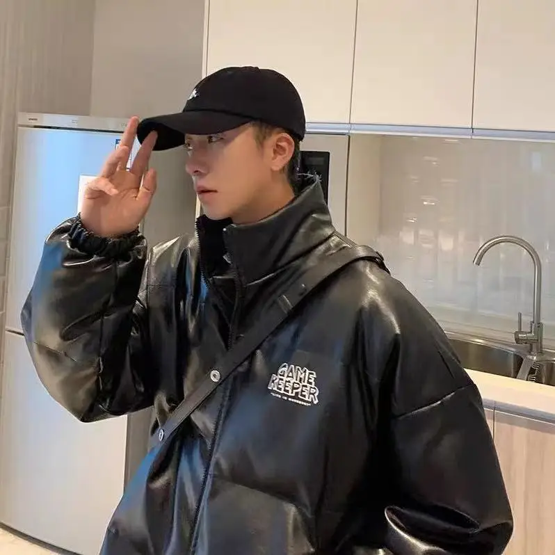 Autumn and Winter New Leather Clothing Loose Simple Solid Color Letter Printing Casual Loose Jacket Warm Cotton Clothing