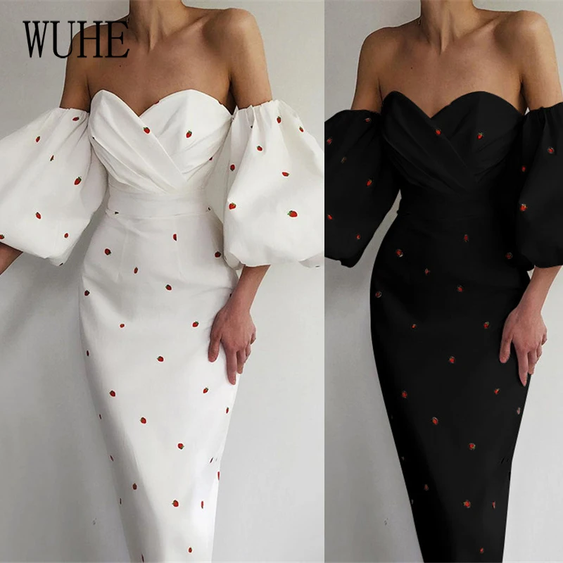 

WUHE Elegant Women Bodycon Print Off Shoulder Short Lantern Sleeve Slash Neck Hollow Out Package Hip Slim Casual Party Dresses