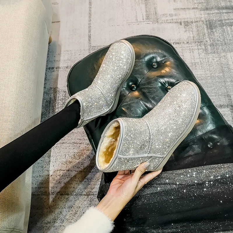 Зимние ботинки со стразами Женские зимние ботильоны с серебряными блестками и