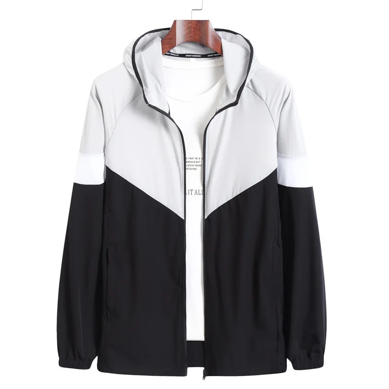 

Summer 2021 new youth men's fattening and fashion casual stand collar, hooded and color matching skin clothes, sunscreen clothes
