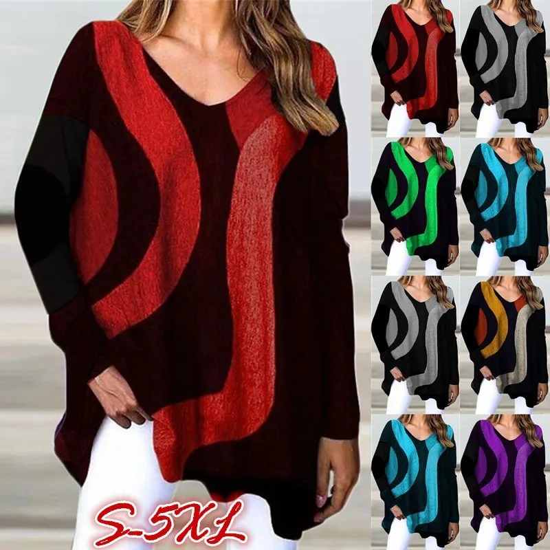 

Plus Size Tops Autumn European and American New Striped Loose Long-Sleeved Printed T-shirt Women's Top S-5XL