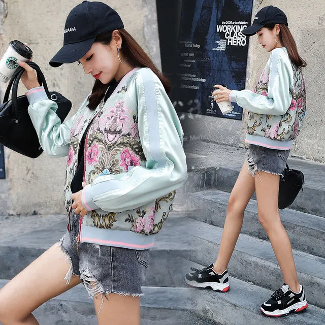 Новинка весна осень Женская куртка пальто Модная Цветочная вышивка молния