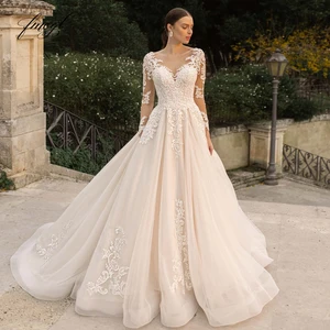 Fmogl свадебное платье с длинным рукавом Кружевное винтажное свадебное платье 2022 сексуальные иллюзионные аппликации из бисера со шлейфом ТРАПЕЦИЕВИДНОЕ платье для невесты