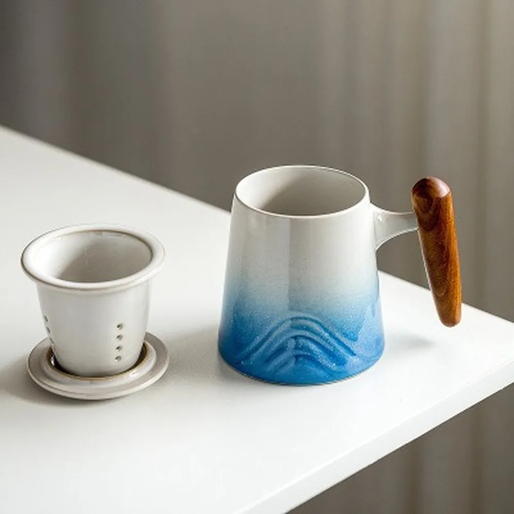 

350ML ceramic meeting cup with solid wood handle mark tea cup with lid creative couple mug tea separation