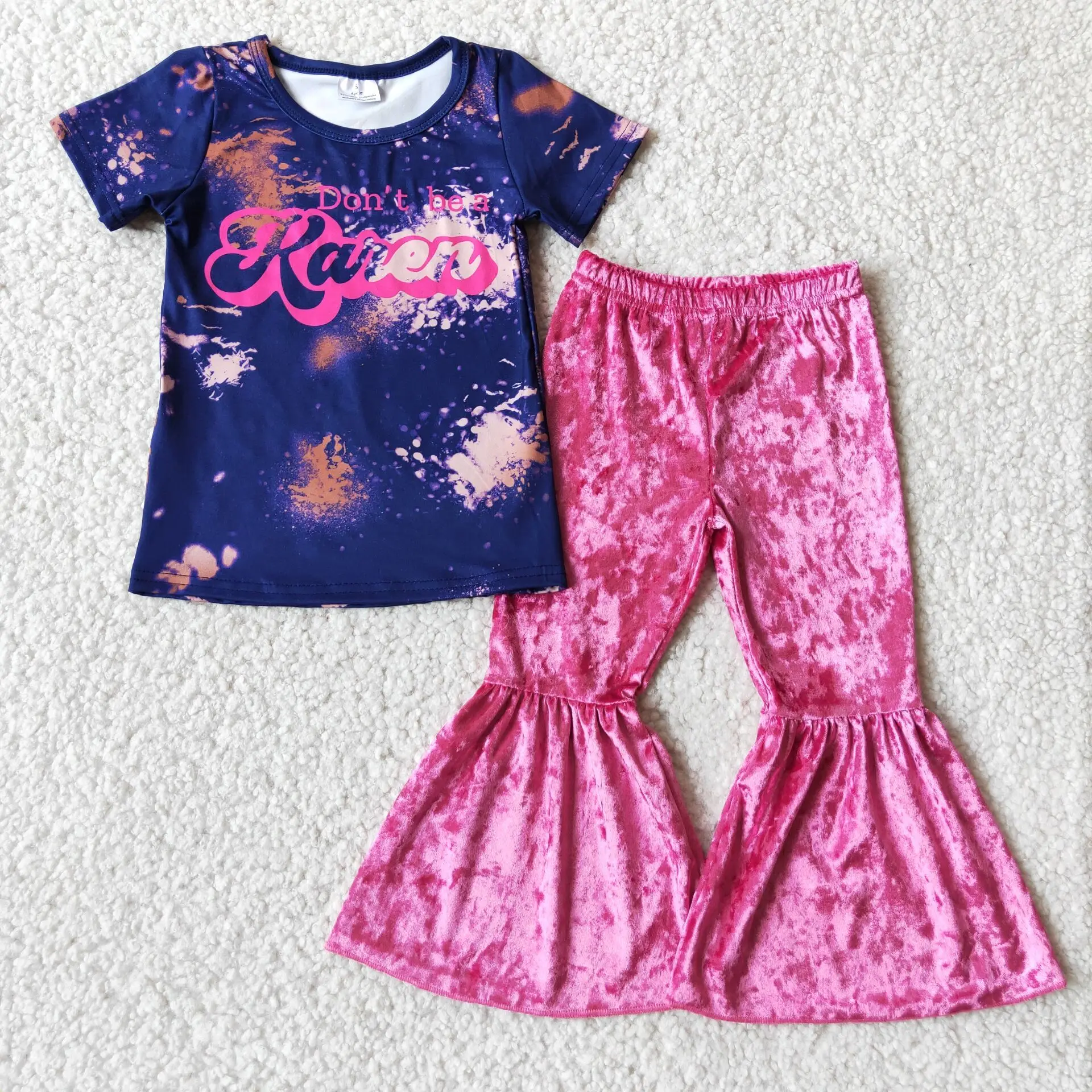 

Summer Autumn Spotted Short-sleeved Top And Rose Gold Velvet Flared Pants Suit Kids Clothing