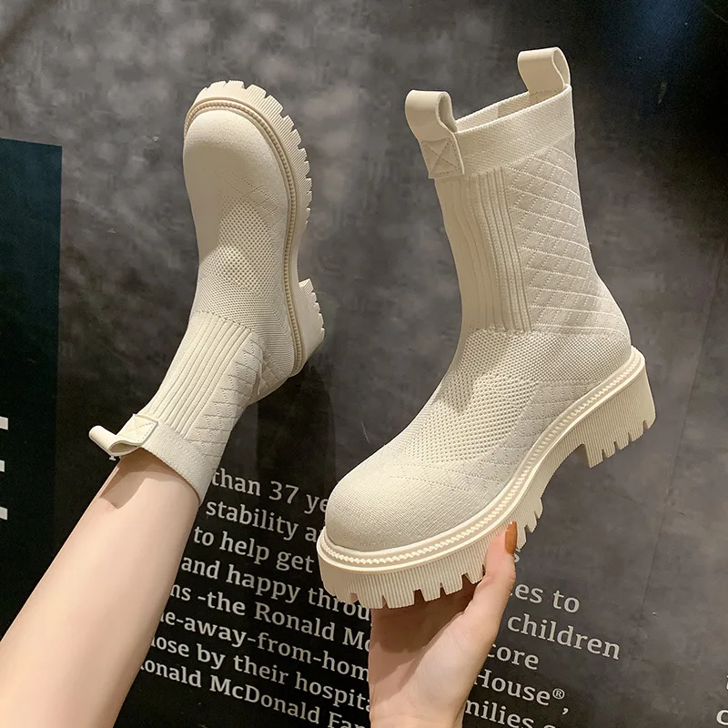 

2021 Breathable Mesh Boots Women Autumn Stretch Fabric Platform Ankle Boots Woman Comfortable Non-slip Short Botas Ladies